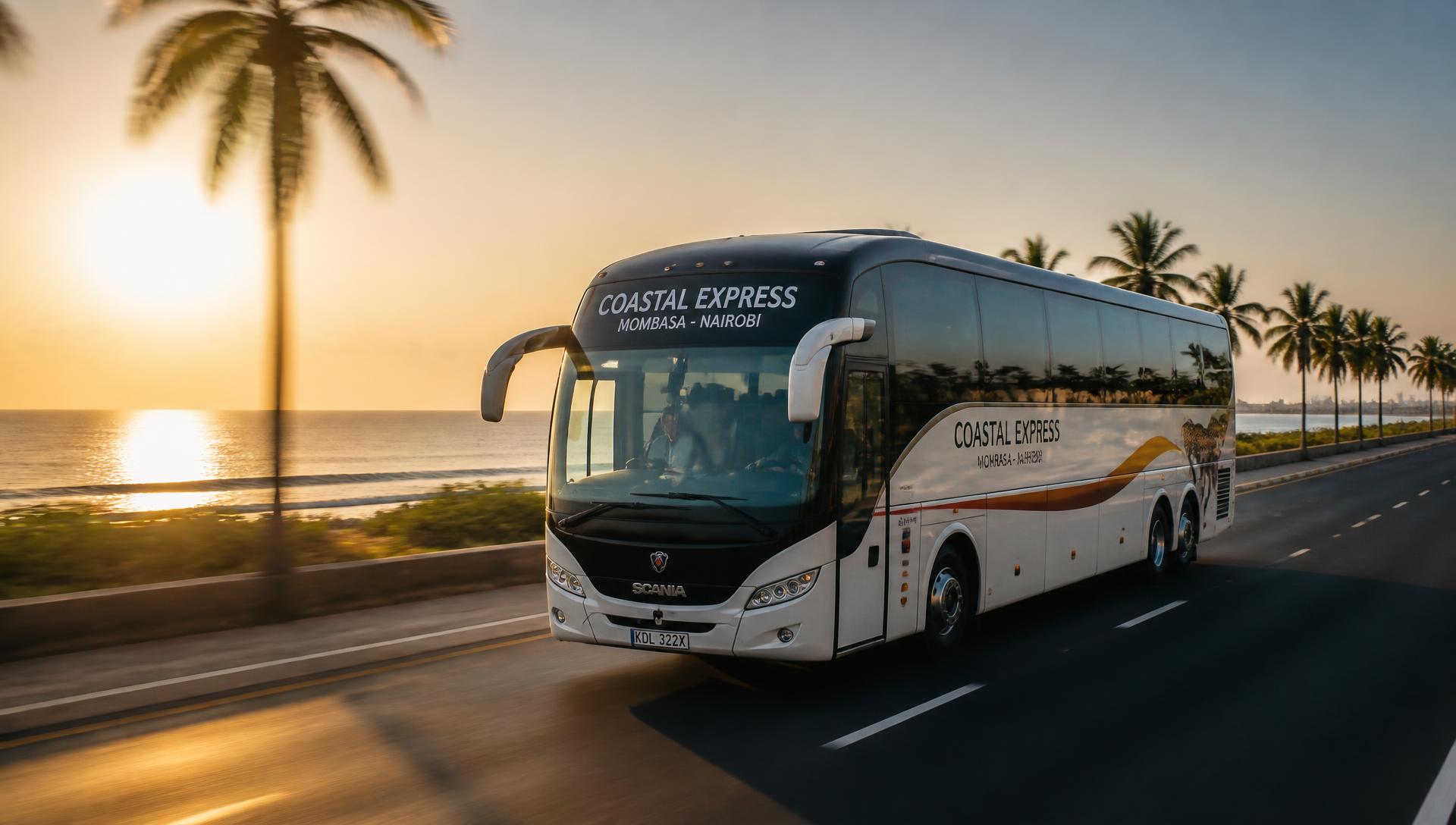 Modern Coast luxury coach on the Mombasa highway at sunset